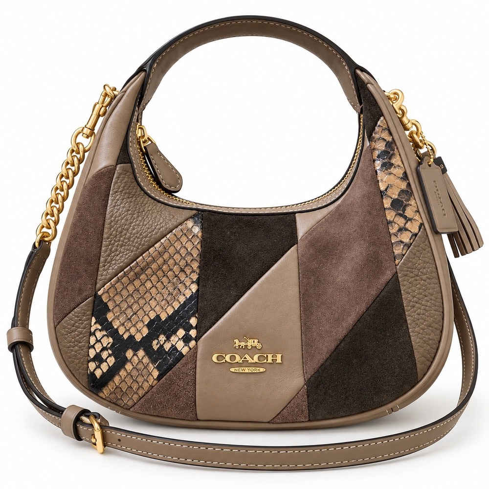Coach Ava Patchwork Leather Suede Snake Print Chain Crossbody Shoulder Bag Taupe